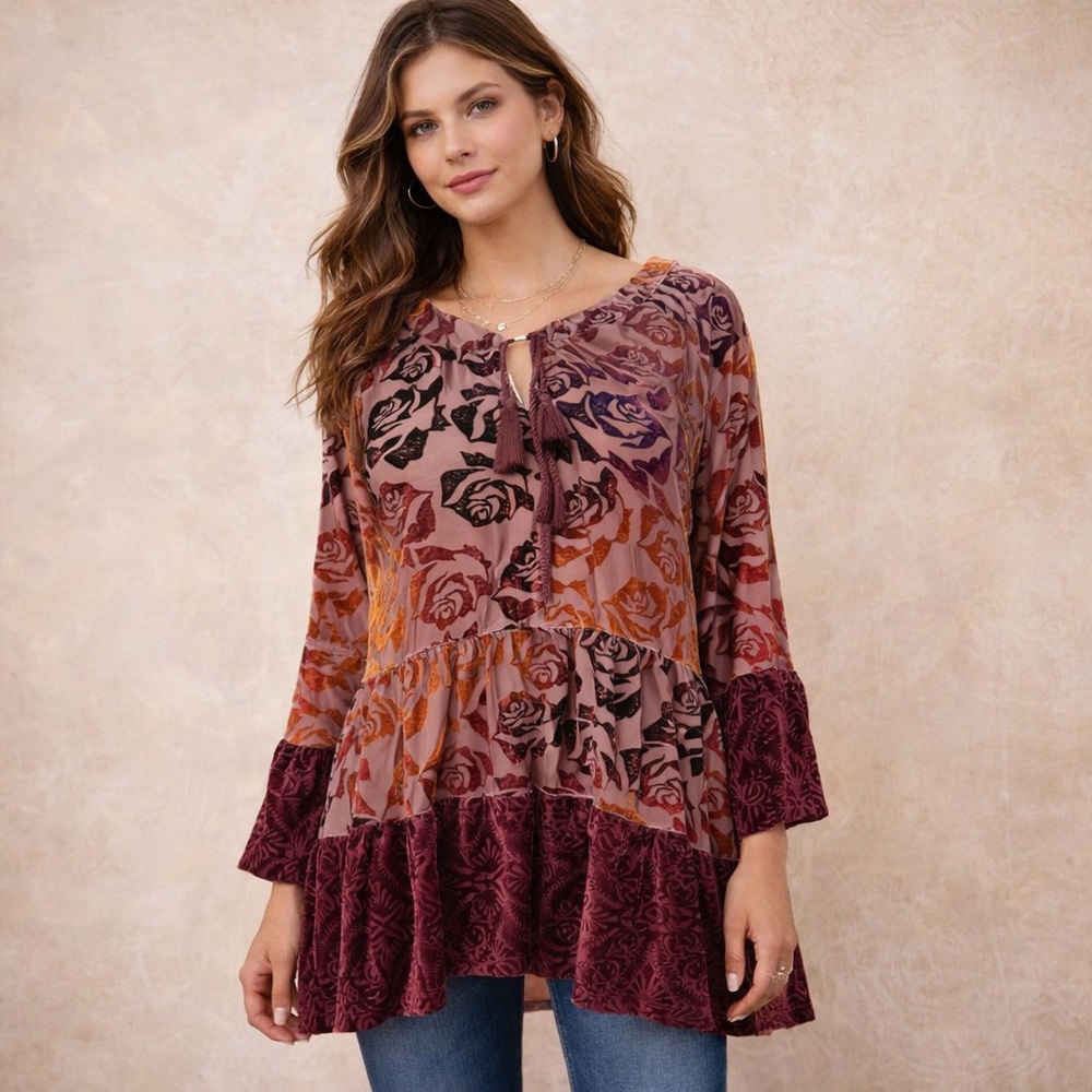 Boho Burnout Velvet Babydoll Tunic Top Floral Tassel‎ Tie Bohemian L
